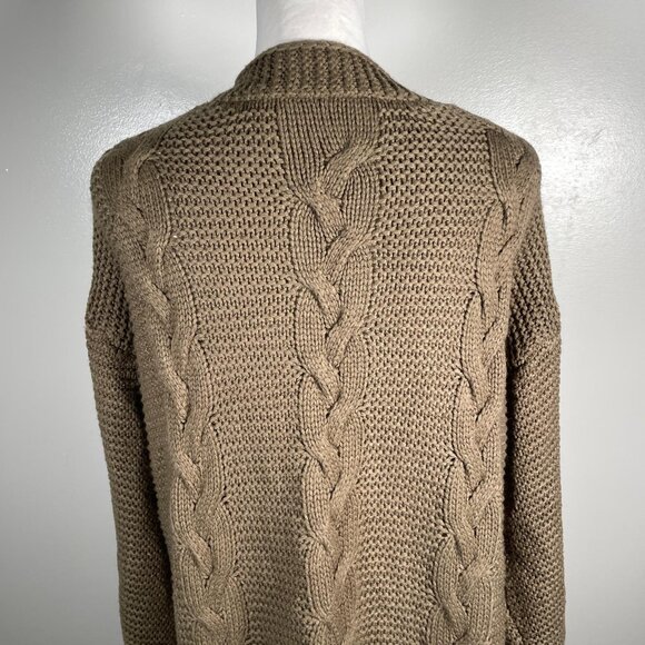 Olive Green Shawl Neck Open Front Waffle Cable Knit 3/4 Sleeve Cardigan L - Picture 9 of 11